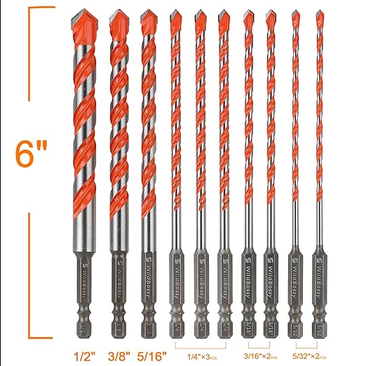 Concrete Carbide Drill Bits Hex Shank Masonry Cement Tile Drill Bit Set for Glass/Brick/Plastic/Cement/Tile 15/64" (10PCS)