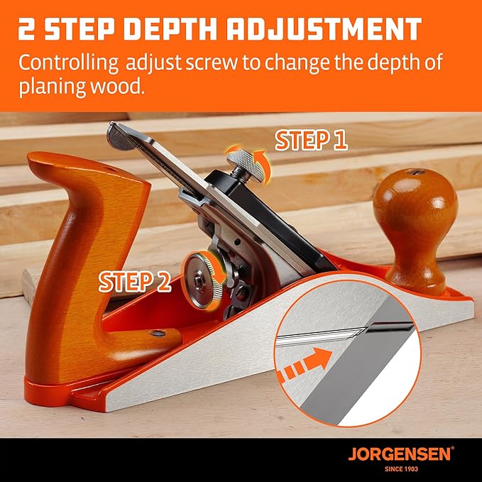 JORGENSEN No.4 10" Wood Planer, Hand Planer for Woodworking, Hand Plane, Wood Plane, Jack Plane for Trimming, Craft - Professional Smoothing Plane with Ductile Iron Body, Adjustable Cutting Depth