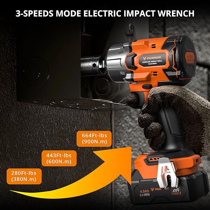 Impact Wrench with 3-Speed Torque Settings (380/600/900N.m),1/2 Impact Gun Chuck & 3/8" Adapter,4Ah Battery & 2.0Ah Fast Charger,Power Tool Kits for Impact Drill,Heavy-Duty Tasks