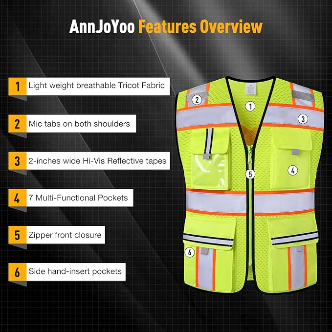 Class 2 Safety Vest with Zipper Front and multiple Pockets, High Visibility Vest, Meets ANSI/ISEA Standards