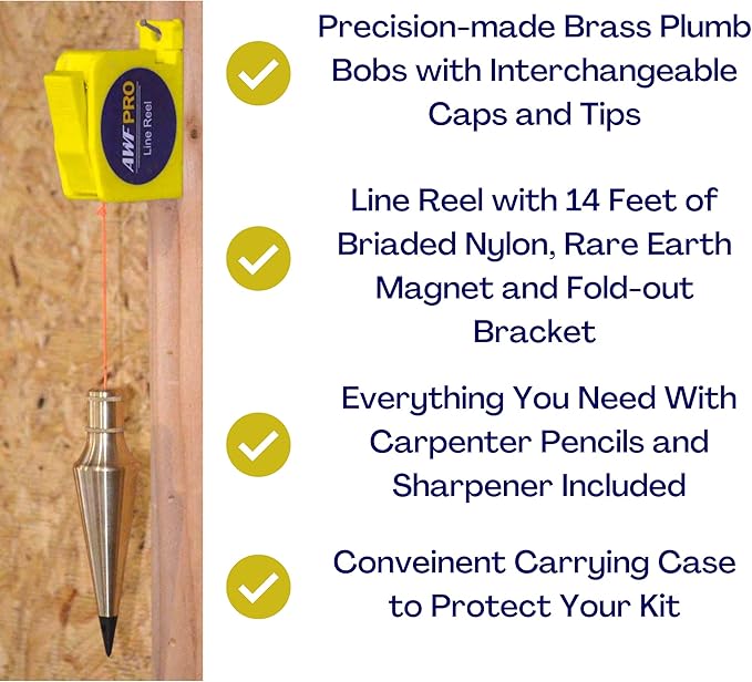 AWF PRO Plumb Bob Kit - 16 oz and 8 oz Solid Brass Plumb Bobs, 14 ft Retractable Line Reel with Magnetic Base, 2 Pencils, Pencil Sharpener, Carrying Case