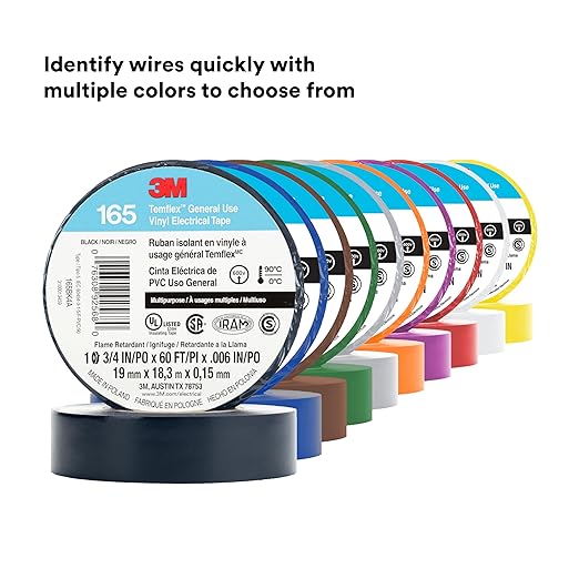 3M Temflex Multi-Purpose Vinyl Electrical Tape 165, Black, 3/4 in x 60 ft (19 mm x 18 m), 10 Roll Pack