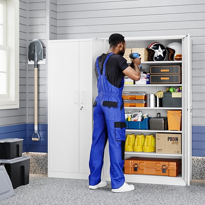 Yizosh Metal Storage Cabinet with Locking Doors and 5 Adjustable Shelves,- 72" Garage Storage White Steel Lockable File Cabinet for Office,Home,Garage