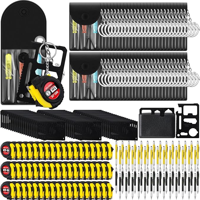 216 Pcs Mini Tape Screwdriver Keychain Set Christmas Men Gifts Bulk Adult Party Favors Multitool Pen Card Tool Measuring Keychains Stocking Christmas Stuffers for Men Dad (Yellow,Black)