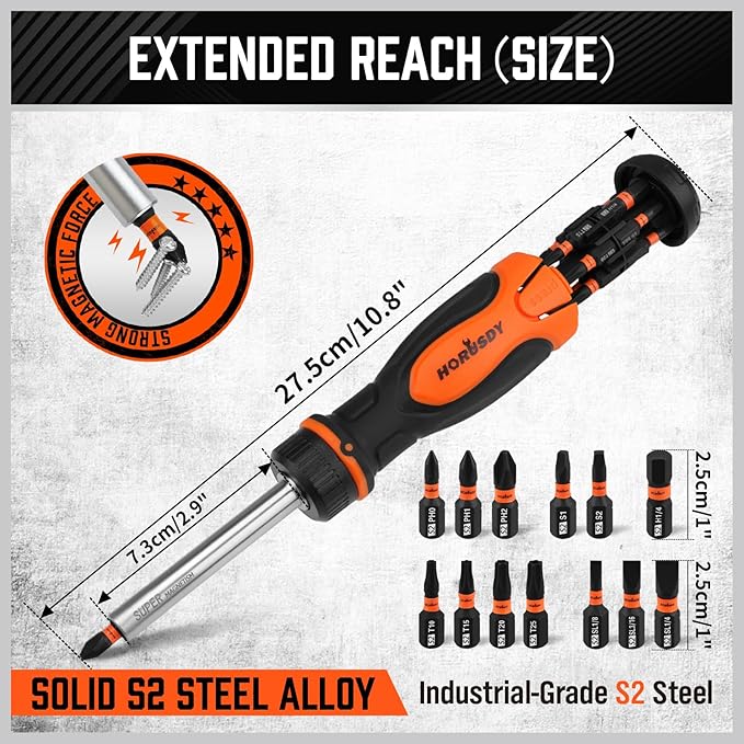 Magnetic Ratcheting Screwdriver Set: 14-in-1 Bits & 1/4" Driver, Multi-Sized Phillips, Slotted, Square, Torx, Hex for Garage & Daily Repair