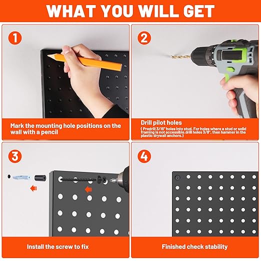 ValueMax 4 Pack Metal Pegboard Panels, 12”x 12” Heavy Duty Metal Pegboard Wall Organizer for Home, Garage, Workbench, Kitchen, Craft Room Tool Storage, Black Modular Peg Board Organizer Board