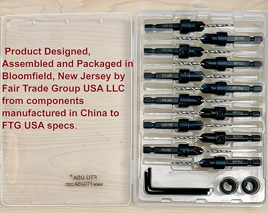 FTG USA 12 Pc #4 (7/64") Countersink Drill Bit Set with Depth Stop Collar, Hex Wrench - Tapered Drill Bits for Wood