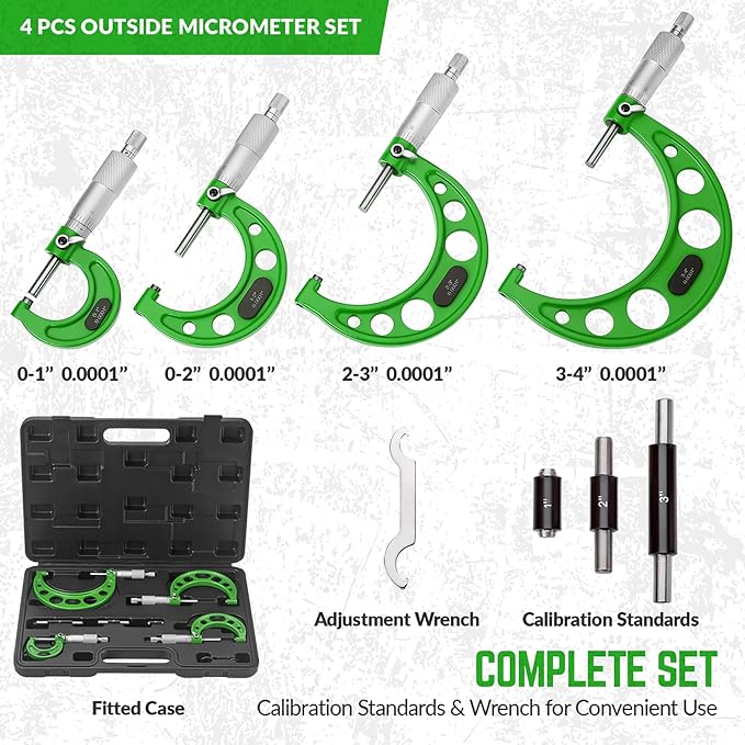 Premium Outside Micrometer Set 0-4" / 0.0001" (0-1"/1-2"/2-3"/3-4") Precision Machinist Tools w/Carbide Tips, Standards, Ratchet Stop, Green