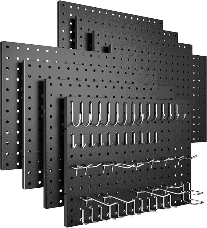 Peg Board, 8 Pack Metal Pegboard Panels Black Pegboards Wall Organizer with Bent Frame Heavy Duty Peg Board for Walls Home, Garage Tool Storage, Office Organization, Craft Room, Kitchen