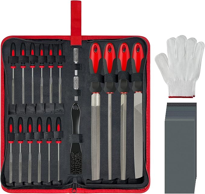 31PCS Metal & Wood File Rasp Set, Half-Round/Round/Triangle/Flat 4pcs Large Tools, 14pcs Needle Files and a Pair of Electric Files, 1PC Brush, 1PC Working Gloves and 10PCS Emery Papers