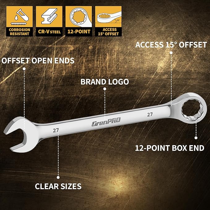 Metric Wrench Set, Large Wrench Set Metric and Standard, 7PC 23mm, 24mm, 26mm, 27mm, 30mm, 32mm Long Big Open End Wrench Tool Set Roll Up Pouch Organizer with Gauge, Combination Wrenches Sets