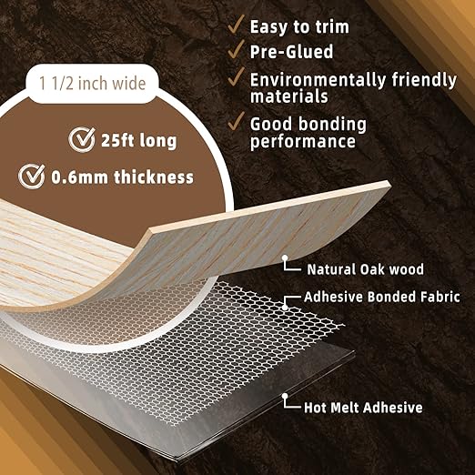 GSCIT Club Oak Edge Banding, 1 1/2 inch x 25ft roll of Veneer Edge Banding - Pre-glued Flexible, Real Wood Tape for Cabinet Repair & Furniture Restoration