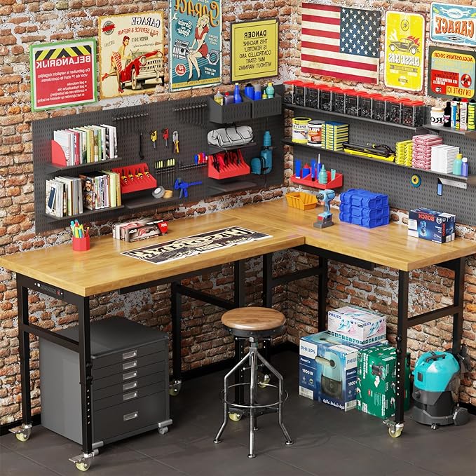 48” Heavy-Duty Solid Wood Work Bench Work Table, Adjustable Height Workbench with Power Outlets, 3000 Lbs Capacity Workstation for Garage, Workshop