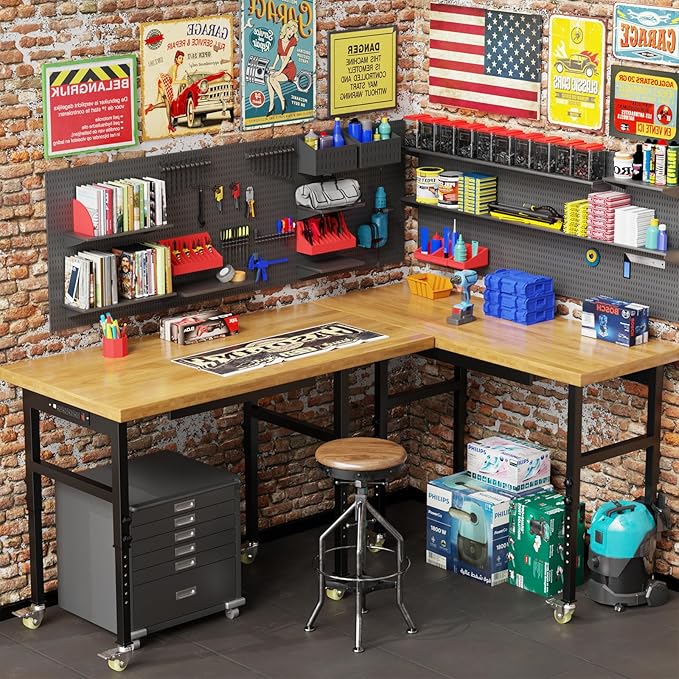 70” Heavy-Duty Solid Wood Work Bench Work Table with Wheels, Adjustable Height Portable Workbench with Power Outlets & Pegboard, 3000 Lbs Capacity Workstation for Garage, Workshop
