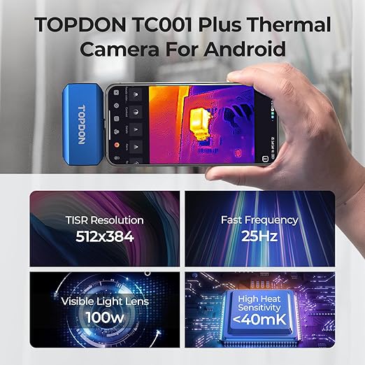 TOPDON TC001 Plus Thermal Camera for Android, 512 x 384 Super Resolution with Visual Camera, 256 x 192 IR Resolution, Dual-Lens Thermal Imaging Camera for Smartphones and Tablets, PC (not for iOS)