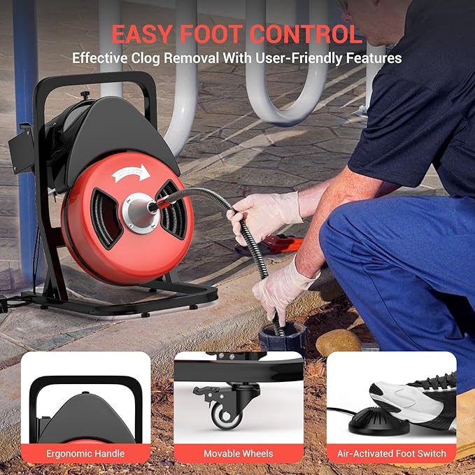 50FTx1/2 Inch Sewer Snake Electric Drain,Drain Cleaner Machine for 2" to 4" Pipes, Plumbing Snake Auger Cleaner with Wheels & 4 Cutter & Foot Switch for Sewer, Sink, Toilet, Bathroom and Shower