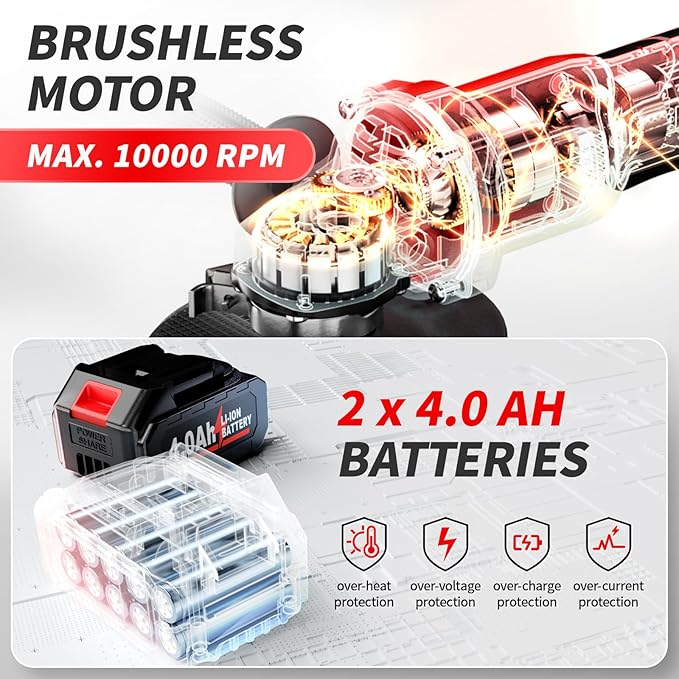 Cordless Angle Grinder 4-1/2 inch, Power Angle Grinder with 2x4.0Ah Battery, 10000 RPM Brushless Metal Grinder with Cutting Wheels, Electric Grinder Tool for Wood Metal Cutting & Grinding