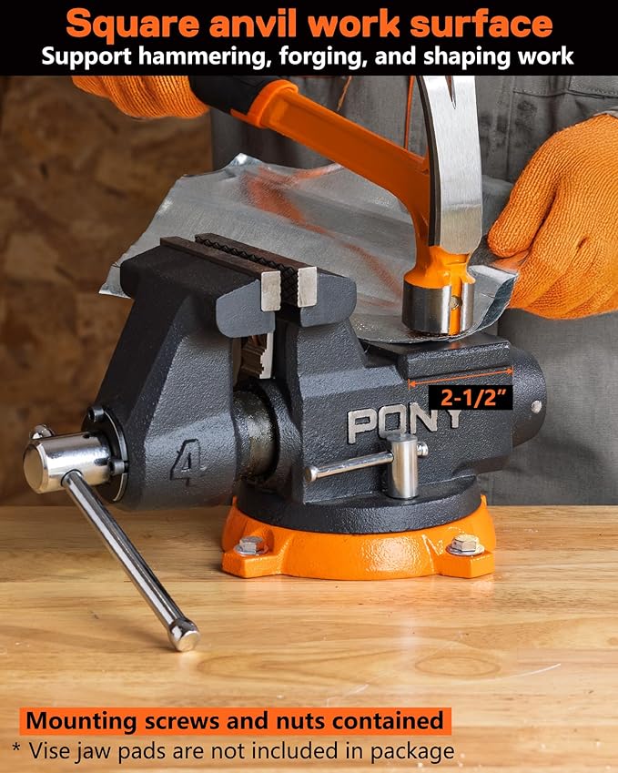 PONY 4 Inch Heavy Duty Bench Vise 4400LBS Clamping Force, Pro Workshop Workbench Vise with 360-Degree Rotatable Base and Anvil, 4-Inch Jaw Opening and Width for Woodworking, Drilling, Pipe Cutting