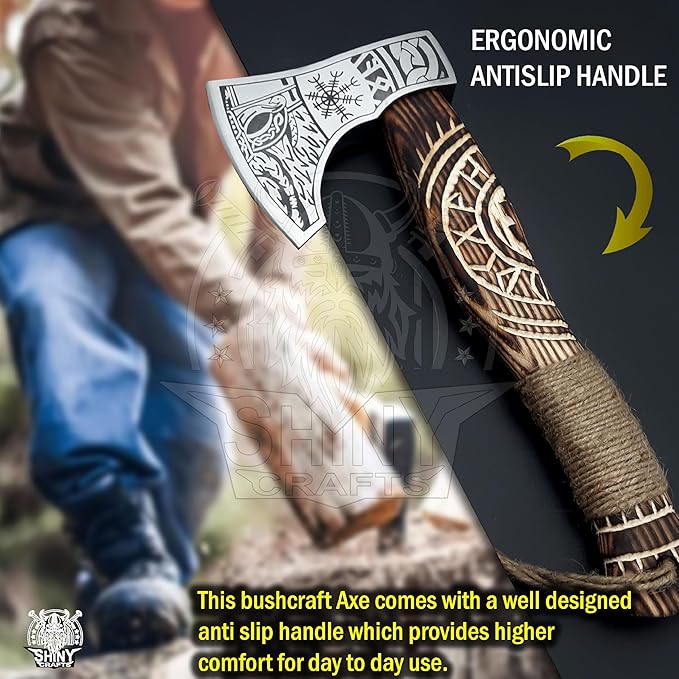 SHINY CRAFTS | Custom Handmade Carbon Steel Viking Axe,Valentine's Day Gift, Birthday Gift for him, Leather Wrapped Handle and Leather Sheath (VBA-19) (VBA-14)