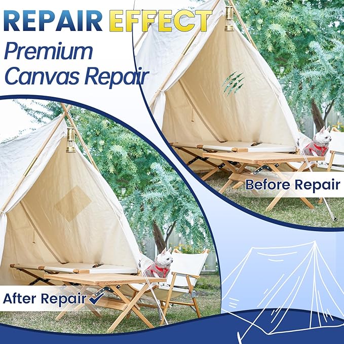 Self-Adhesive Canvas Repair Tape, 4" x 79" Waterproof Canvas Repair Patch, Fabric Patch Repairs Kit for Furniture, Tents, Sunbrellas, Boat Covers Awnings, Couches, Clothes, Bags Beige&White
