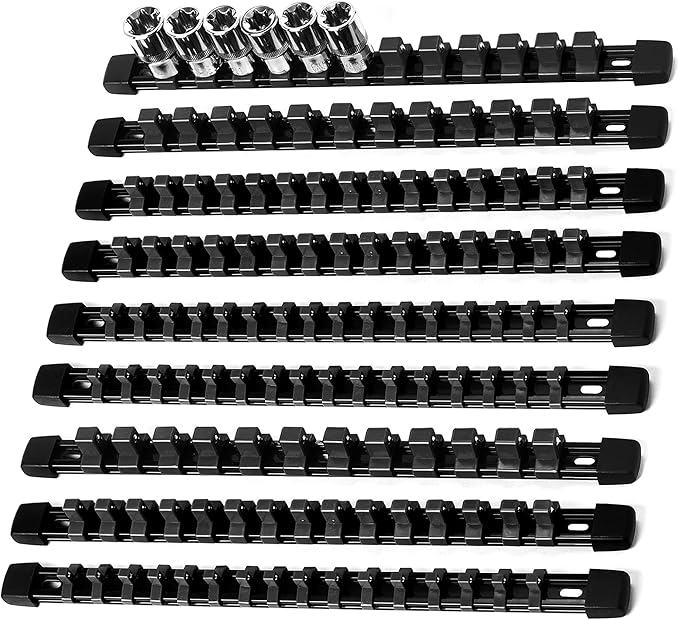 Socket Organizer Drive ABS Tools - Black Socket Holder, Premium Quality 9 Pieces Socket Holders Kit 1/4-Inch x 48 Clips, 3/8-Inch x 45 Clips, 1/2-Inch x 36 Clips（9PC,Black)