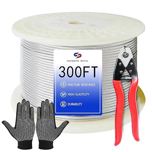 1/8 "T316 Stainless Steel Cable (Wire), 7 * 7 Strands of Twisted Metal for Aviation Construction, Silver with Cutters (300FT)