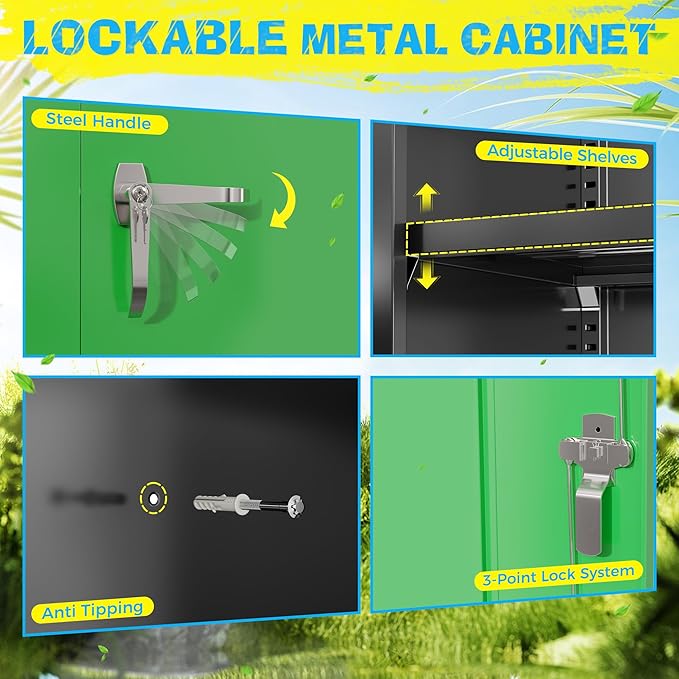 Pataku Metal Storage Cabinet, 71" Garage Cabinet with Doors and Shelves Lockable Steel Multifunctional Cabinets, File Cabinets for Home, Office, Warehouse(Dark Green)
