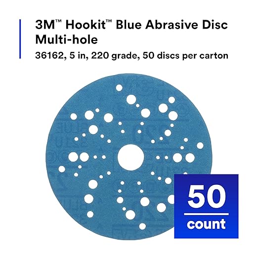3M Hookit Blue Abrasive Discs 36162, Multi-Hole, 5 in, 220+ Grade, Pack of 50, Virtually Dust-Free, for Auto Sanding, Body Repair, Featheredging, Primer Sanding, Paint Preparation, E-Coat Sanding