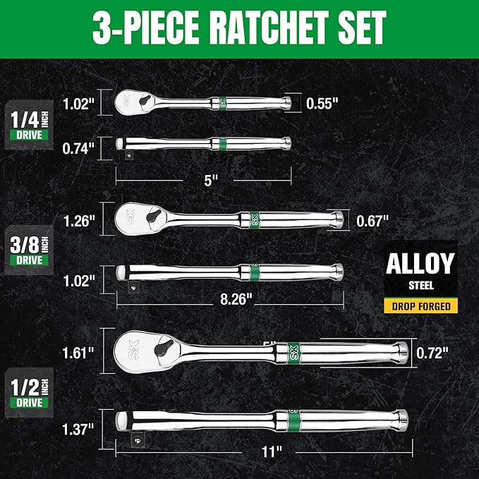 SK 3-Piece Ratchet Set, 1/4″, 3/8″, 1/2″ Drive Ratchet, Pear Head, 90-Tooth, Alloy Steel, with Contoured Handle