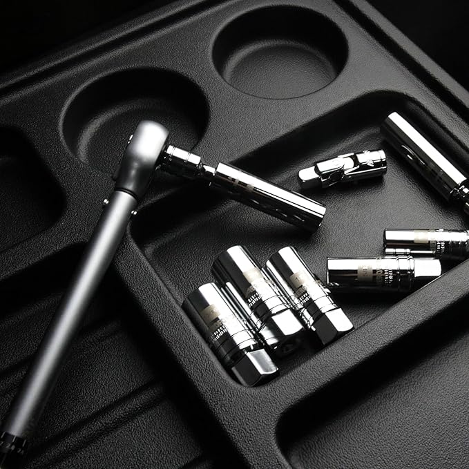 AEROFORCE 14PCS 3/8-Inch Drive Swivel Magnetic Spark Plug Socket Set with 3/8'' Torque Wrench (5-45 Lb.ft/6.8-61.2 Nm), Universal Joint & Extension Bar - Durable CR-V Steel for Easy Spark Plug Removal