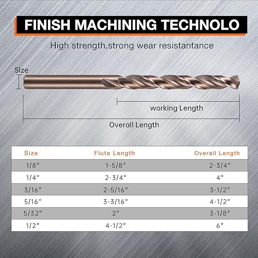 1/4 Inch Cobalt Drill Bits (10pcs), M35 High Speed Steel, 135 Degree Tip, Jobber Length Twist Drill Bit Set for Hard Metal, Stainless Steel, Cast Iron, Wood and Plastic, with Storage Case