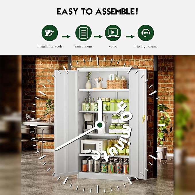 Greenvelly White Metal Storage Cabinet for Garage, 72” Steel Locking Cabinet with Doors and 4 Shelves, Tall Tool Organizer for Garage Systems Lockable File Storage for Home Office, Classroom