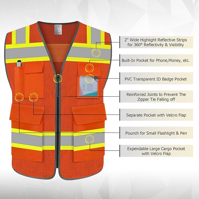 TCCFCCT High Visibility Vest 5 Pockets Mesh Reflective Safety Vest for Men Women, Hi Vis Work Vest with Reinforced Zipper and Fluorescent Yellow Edge, Durable to Use, Meets ANSI/ISEA, DW-Orange, M
