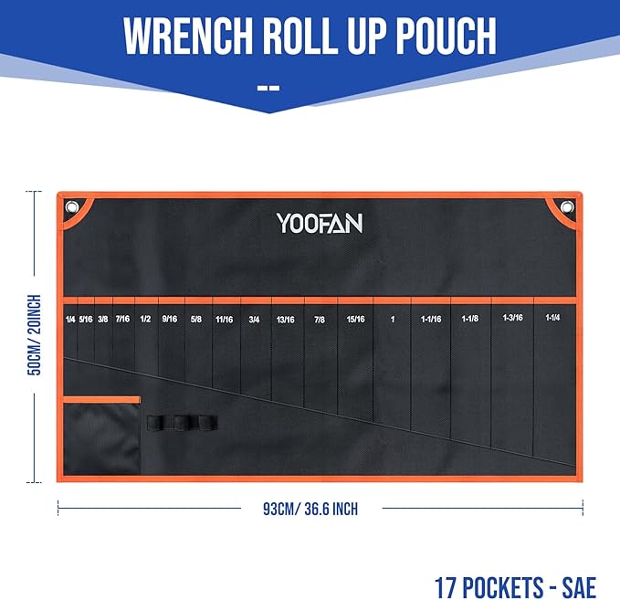 YOOFAN Wrench Roll Up Pouch – Wrench Organizer Bag with Handle, Wrench Holder for Hanging (17+1 SAE)