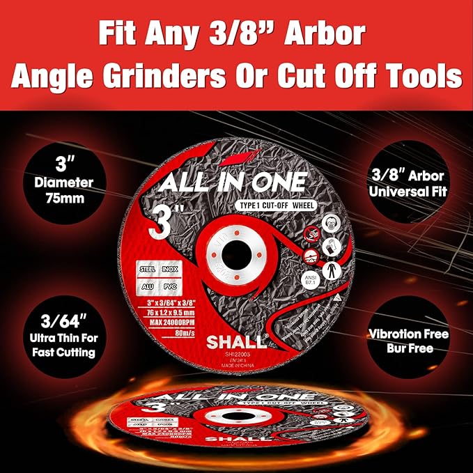 SHALL 25-Pack Cut Off Wheels 3” x 3/8” x 3/64” - Ultra Thin Cutting Wheel with Pouch for Angle Grinder & Cut-Off Tools - Fast Cutting Disc for INOX, Steel, Iron, Non-Ferrous Metal & PVC