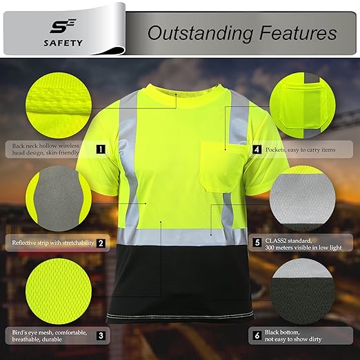 sesafety Hi Visibility Shirts for Men, Safety Shirts with Reflective Strips Class 2, Hi Vis Construction Work Shirt with Pocket Yellow M