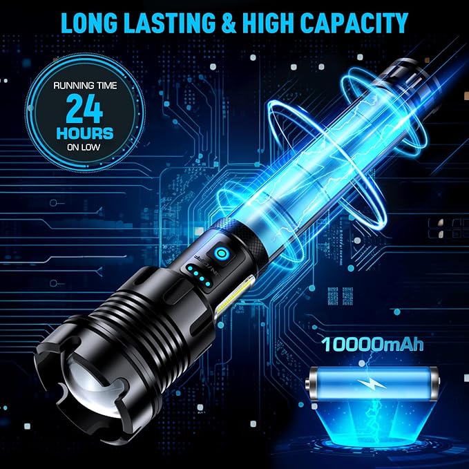 9000 High Lumens Flashlight Rechargeable with COB Work Light Super Bright LED Flashlights Heavy Duty&14 Modes &Waterproof Tactical Powerful Flashlight for Emergencies,Camping,Hiking,Outdoor,Indoor
