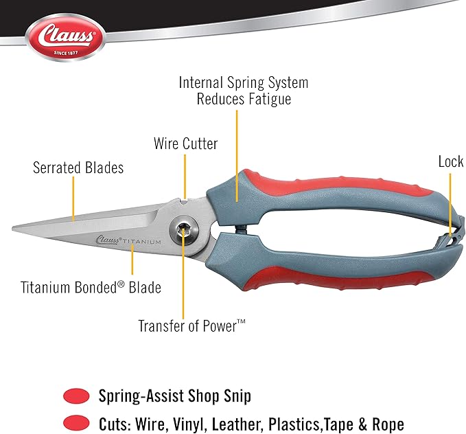 Clauss 8" Titanium Snips with Wire Cutter, Spring-Assist, Serrated Blades, Gray (18039)