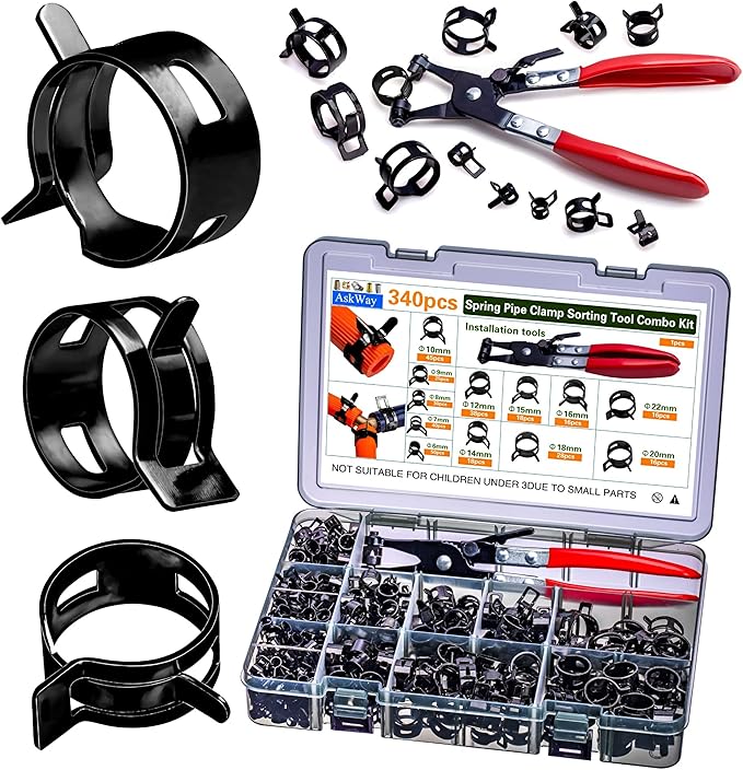 340pcs Spring Pipe Clamps, With Spring Pipe Clamp Tools, 12 Sizes 6-22mm Spring Hose Clamps, Used To Fix Hose Interfaces In Automotive, Marine, Gardening, Industrial Applications