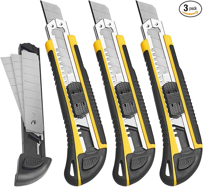 DOWELL Utility Knife Box Cutter Retractable Self Loading Heavy Duty Snap Off Quick Change Extra Blades(3PCS) TPR+PP Handle Cutting Cardboard Boxes or DIY 3Pack
