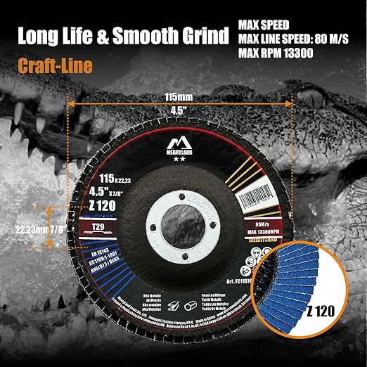 Merryland Flap Disc 4 1/2 inch Metal for Angle Grinder, 4.5inch 120 Grit T29 Flap Wheel 20 Pack, Blue Zirconium Corundum INOX Stainless Steel Iron Universal, Craft-Line FC1107614-20