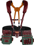 FUERI Nylon Leather Tool Belt Suspender Men Heavy Duty 26 Pocket Tools Bags Pouches Holder Organizer for Carpenter Construction Electrician Framer (Green & Maroon Tool Belt Set, Extra Large 42" - 48")