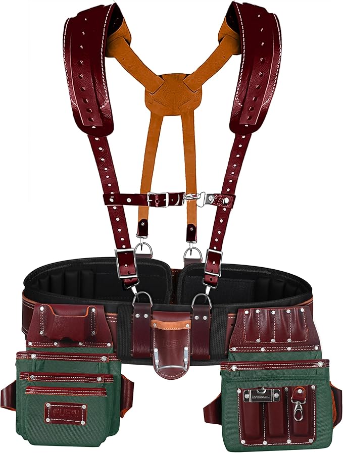 FUERI Nylon Leather Tool Belt Suspender Men Heavy Duty 26 Pocket Tools Bags Pouches Holder Organizer for Carpenter Construction Electrician Framer (Green & Maroon Tool Belt Set, Extra Large 42" - 48")