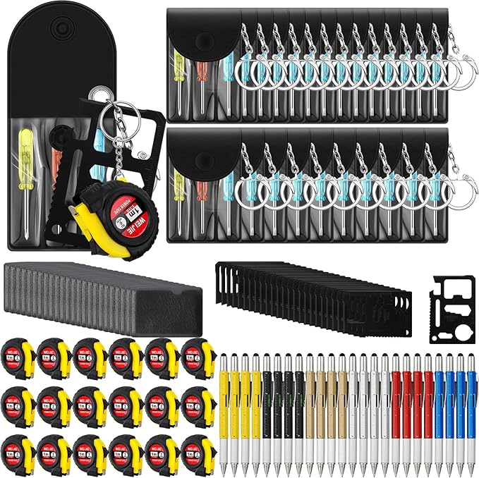 96 Pcs Mini Tape Screwdriver Keychain Set Christmas Men Gifts Bulk Adult Party Favors Multitool Pen Card Tool Measuring Keychains Stocking Christmas Stuffers for Men Dad (Multicolor)