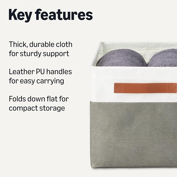 Amazon Basics Collapsible Storage Bins with Leather Handles, Charcoal, Large, Pack of 3