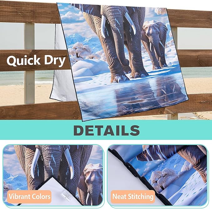 Glacier Elephant Beach Towel Oversized 36" x 72", Thin Lightweight Sand Free Quick Dry Microfiber Towel for Swimming Pool Cruise Camping Travel