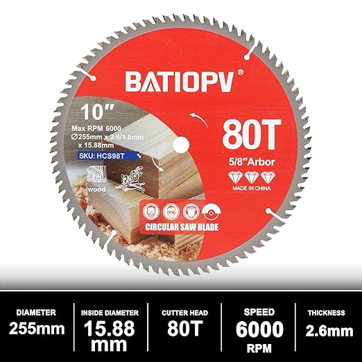 10-Inch Circular Saw Blade, 80-Tooth Carbide-Tipped Ultra-Fine Finish Professional Woodworking Blade for Smooth Cuts Compatible with Miter & Table Saws