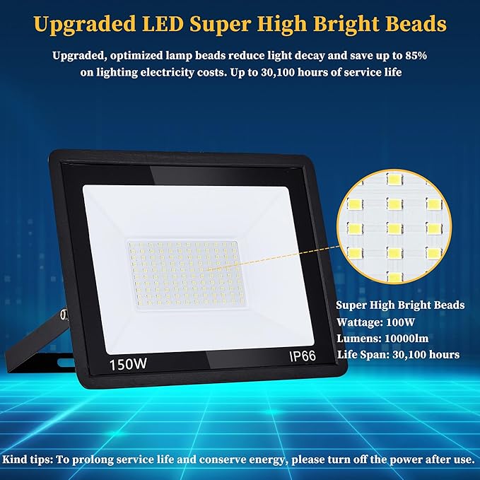 ADYENA 150W LED Flood Lights Outdoor Plug in, 15000 LM Super Bright Security Lights, IP66 Waterproof LED Work Light, 6000K Daylight White Floodlights for Garage Yard Garden Playground(2 Pack)