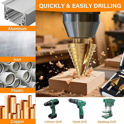 Step Drill Bit Set, 6Pcs HSS Titanium Step Bits with Automatic Center Punch, 50 Sizes Step Drill Bit for Metal, Wood with Aluminum Case