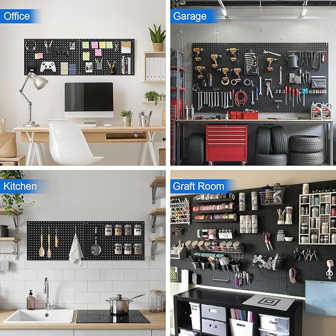 Peg Board, 4 Pack Metal Pegboard Panels Black Pegboards Wall Organizer with Frame Large Heavy Duty Peg Board with Hooks for Walls Home, Garage Tool Storage, Office, Craft Room, Kitchen 24”×16”